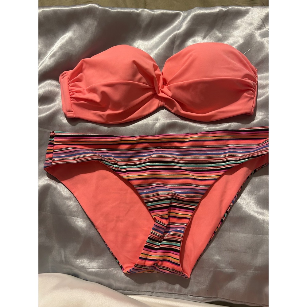 Victorias Secret Bikini Set 32C Small Coral Pink Bandeau Underwire Striped Gold
